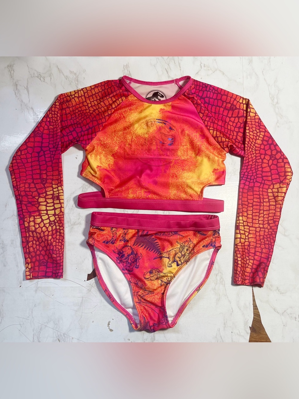 Jurassic World Girls Small Long Sleeve Two Piece Bikini Swimsuit Pink Orange